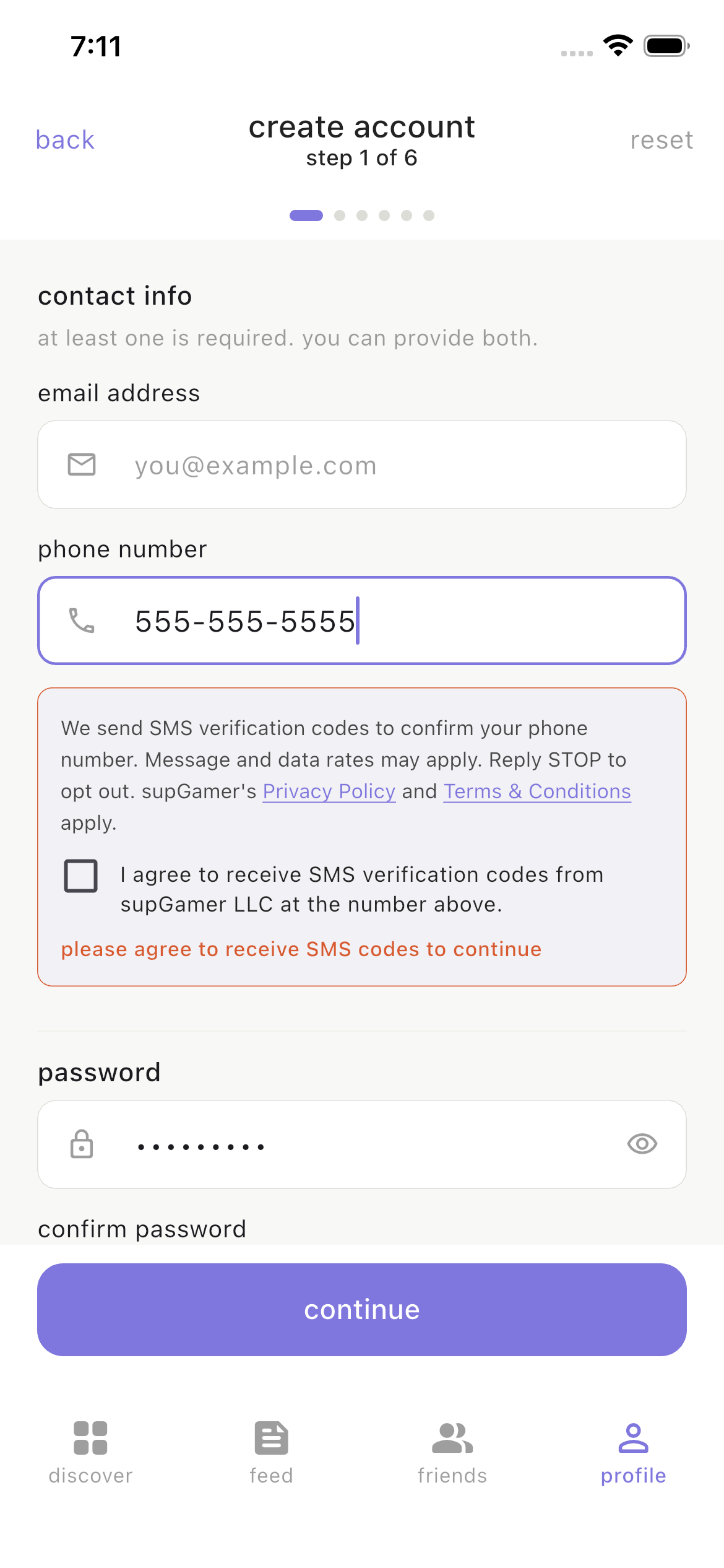 supGamer account creation screen showing the SMS consent block with disclosure text and unchecked consent checkbox